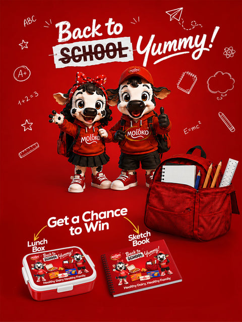 Back to School promotional graphic featuring two mascot characters in red Moloko apparel, a red lunch box set, a red backpack with notebooks, and a red sketch book on a red background with school-themed doodles and the text 'Back to School Yummy!' and 'Get a Chance to Win'.