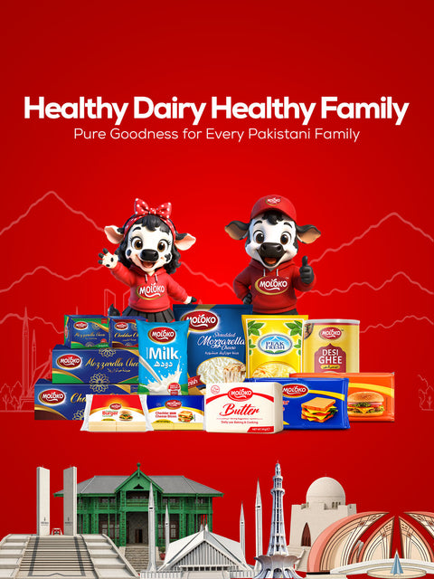 A promotional collage for Nutro dairy products on a bright red background. Large white text at the top reads 'Healthy Dairy Healthy Family' and 'Pure Goodness for Every Pakistani Family.